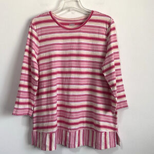 Lands End Swing Tunic L Pink Tanzania Shirt Stripes 3/4 Sleeve Summer‎ Cotton